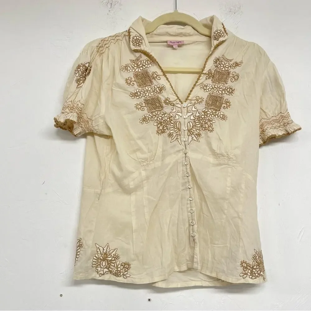 Phase Eight Cream & Brown Embroidered Puff Sleeve Peasant Blouse Womens 14